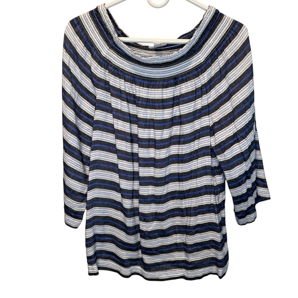 J. Jill Striped Smocked Off Shoulder Linen Blend Top Blue‎ Black White Medium
